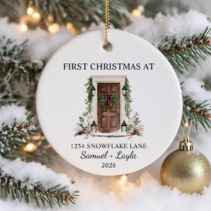 First Christmas In New Home Watercolor Brown Door Ceramic Ornament