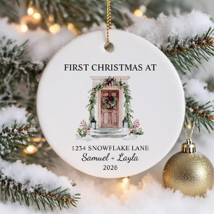 First Christmas In New Home Watercolor Brown Door Ceramic Ornament