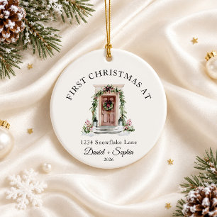 First Christmas In New Home Watercolor Brown Door Ceramic Ornament