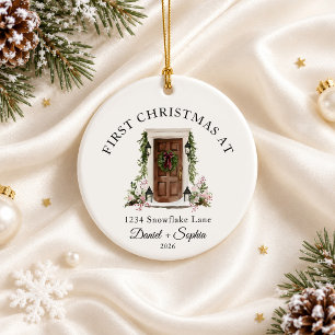 First Christmas In New Home Watercolor Brown Door Ceramic Ornament