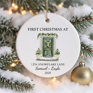 First Christmas In New Home Watercolor Green Door Ceramic Ornament
