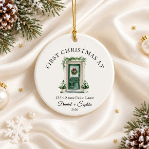 First Christmas In New Home Watercolor Green Door Ceramic Ornament