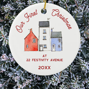 First Christmas in New Home Watercolor House Ceramic Ornament