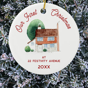 First Christmas in New Home Watercolor House Ceramic Ornament