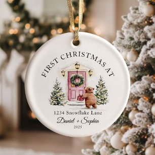 First Christmas In New Home Watercolor Pink Door Ceramic Ornament