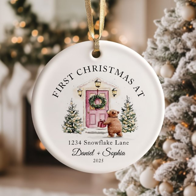 First Christmas In New Home Watercolor Pink Door Ceramic Ornament (Creator Uploaded)