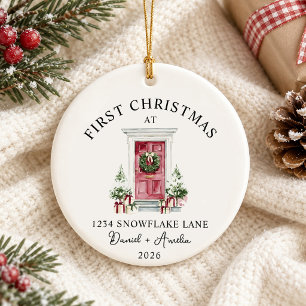 First Christmas In New Home Watercolor Red Door Ceramic Ornament