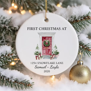First Christmas In New Home Watercolor Red Door Ceramic Ornament