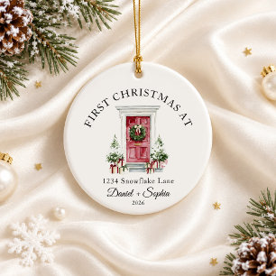 First Christmas In New Home Watercolor Red Door Ceramic Ornament