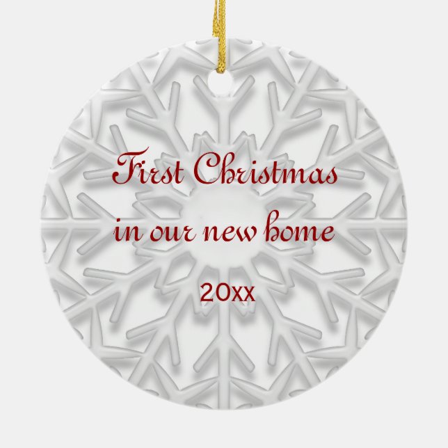 First Christmas in New Home White Snowflake Ceramic Ornament (Back)