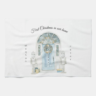 First Christmas In Our Home Watercolor Blue Door Kitchen Towel