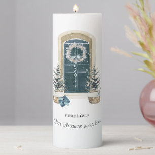 First Christmas In Our Home Watercolor Sage Green Pillar Candle