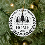 First Christmas in Our New Home 2025 Ceramic Ornament<br><div class="desc">Celebrate a milestone holiday with this “First Christmas in Our New Home 2025” photo ornament, a keepsake that beautifully captures the joy of new beginnings. Featuring space for your favorite photo, this ceramic ornament is the perfect way to remember your first holiday season in a new house. The charming design...</div>