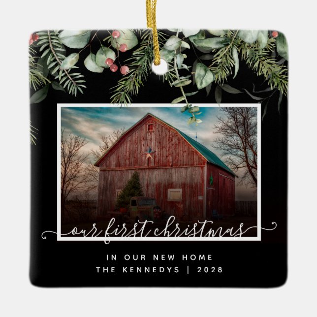 First Christmas in Our New Home 2 Photo Greenery  Ceramic Ornament (Front)
