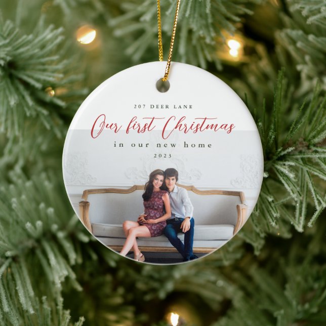 First Christmas in our New Home Address Photo Ceramic Ornament (Tree)