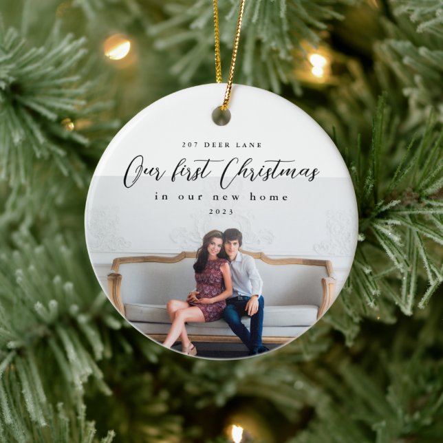 First Christmas in our New Home Address Photo Ceramic Ornament (Tree)