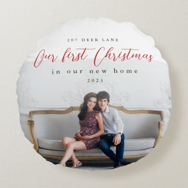 First Christmas in our New Home Address Photo Round Pillow (Front)