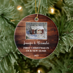 First Christmas in our new Home barn wood photo Ceramic Ornament