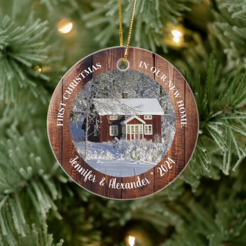 First Christmas in our new Home barn wood photo Ceramic Ornament