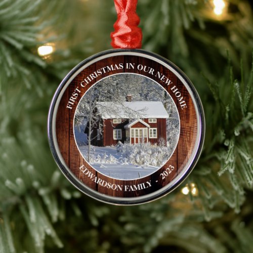 First Christmas in our new Home barn wood photo Metal Ornament