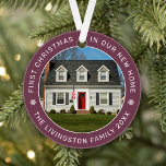 First Christmas in Our New Home Burgundy Photo Ornament<br><div class="desc">Personalize this modern and elegant 'First Christmas in Our New Home' ornament with a photo of your house, your last name or family name, and the year it was purchased. Elegant burgundy / wine red background color can be modified) and white round-shaped text and snowflake accents beautifully frames the photo....</div>