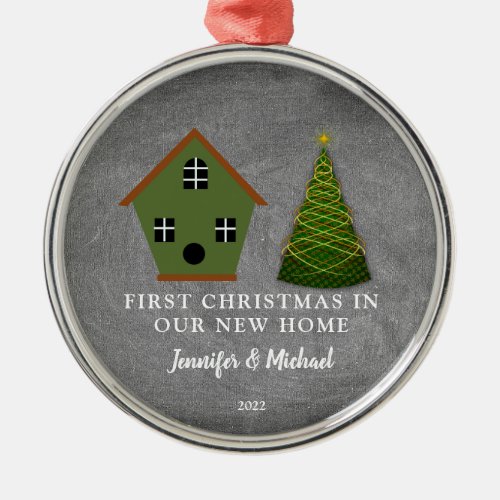 First Christmas in our new Home chalkboard Metal Ornament