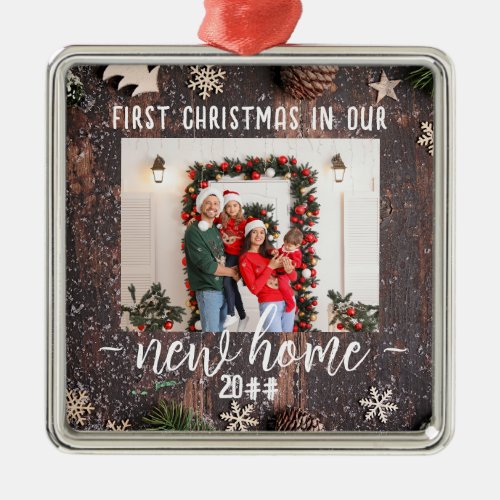 First Christmas In Our New Home Chic Photo Metal Ornament