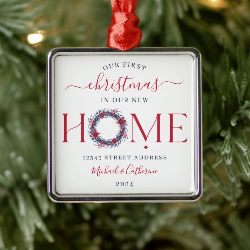 First Christmas in our New Home Elegant Wreath Metal Ornament