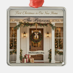First Christmas in Our New Home Family Name Photo Metal Ornament