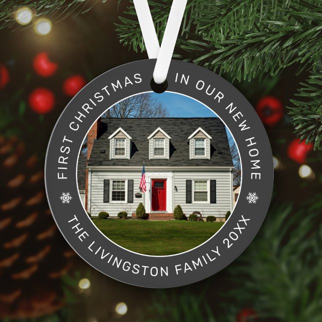 First Christmas in Our New Home Gray Custom Photo Metal Ornament (Creator Uploaded)