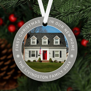 First Christmas in Our New Home Gray Custom Photo Ornament