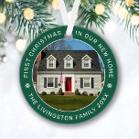 First Christmas in Our New Home Green Custom Photo Ornament<br><div class="desc">Personalize this modern and elegant 'First Christmas in Our New Home' ornament with a photo of your house, your last name or family name, and the year it was purchased. Elegant evergreen background color can be modified) and white round-shaped text and snowflake accents beautifully frames the photo. Photo tip: crop...</div>
