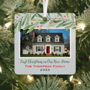 First Christmas in Our New Home Greenery Photo Metal Ornament