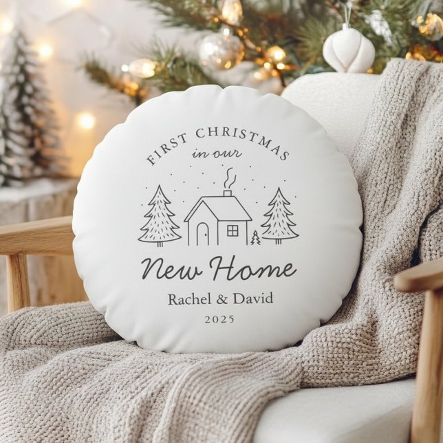 First Christmas in Our New Home | Minimal Line Art Round Pillow (Creator Uploaded)