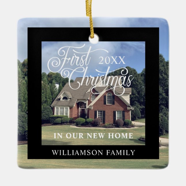 First Christmas In Our New Home Modern Photo Frame Ceramic Ornament (Front)
