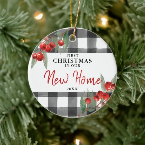 First Christmas In Our New Home Personalized Plaid Ceramic Ornament