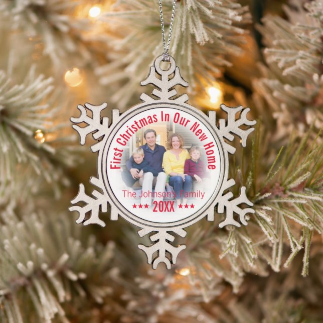 First Christmas In Our New Home | Personalized Snowflake Pewter Christmas Ornament (Tree)