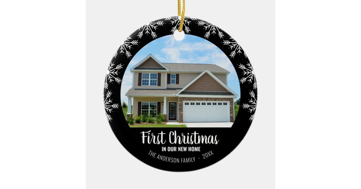 First Christmas in our New Home Photo Black Ceramic Ornament | Zazzle
