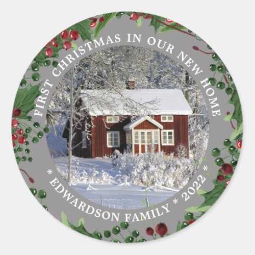 First Christmas in our new Home photo Classic Round Sticker