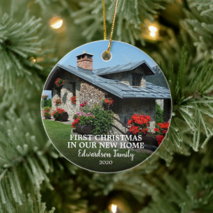 First Christmas in our new Home photo family name Ceramic Ornament