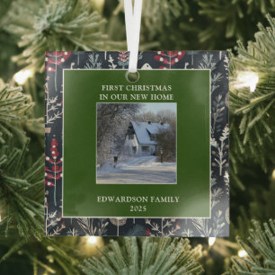 First Christmas in our new Home photo family name Glass Ornament
