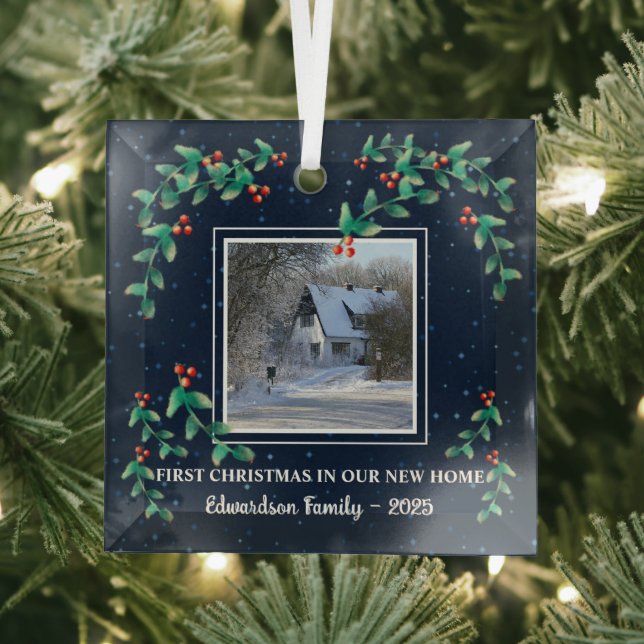 First Christmas in our new Home photo family name Glass Ornament (Insitu)