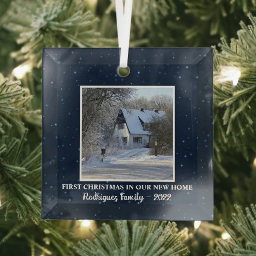 First Christmas in our new Home photo family name Glass Ornament