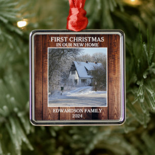 First Christmas in our new Home photo family name Metal Ornament