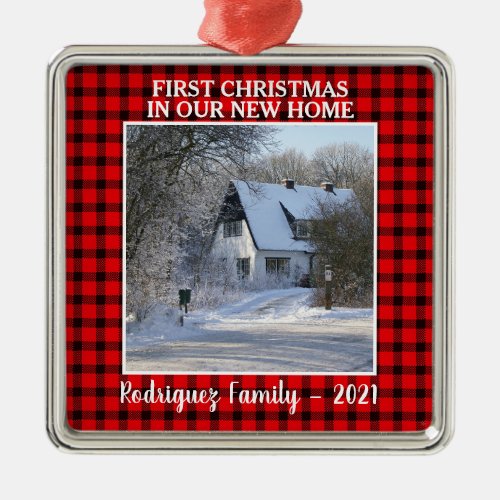 First Christmas in our new Home photo family name  Metal Ornament