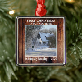 First Christmas in our new Home photo family name Metal Ornament