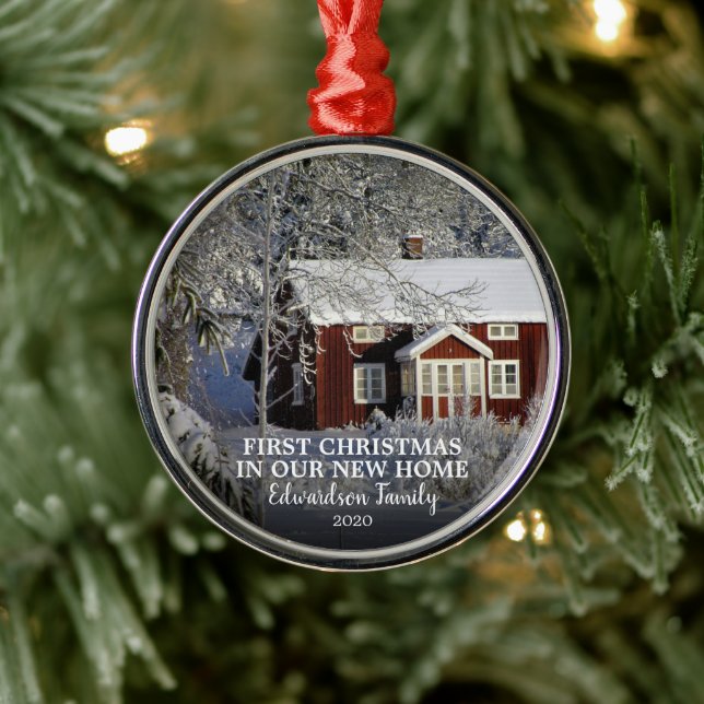 First Christmas in our new Home photo family name Metal Ornament (Tree)