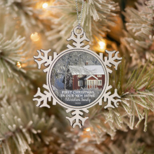 First Christmas in our new Home photo family name Snowflake Pewter Christmas Ornament