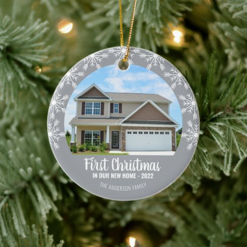 First Christmas in our New Home Photo Gray Ceramic Ornament