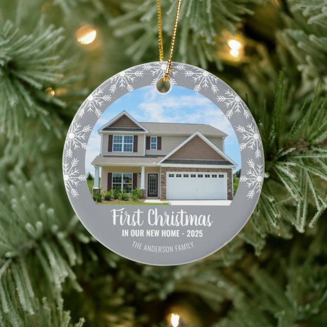 First Christmas in our New Home Photo Gray Ceramic Ornament (Tree)